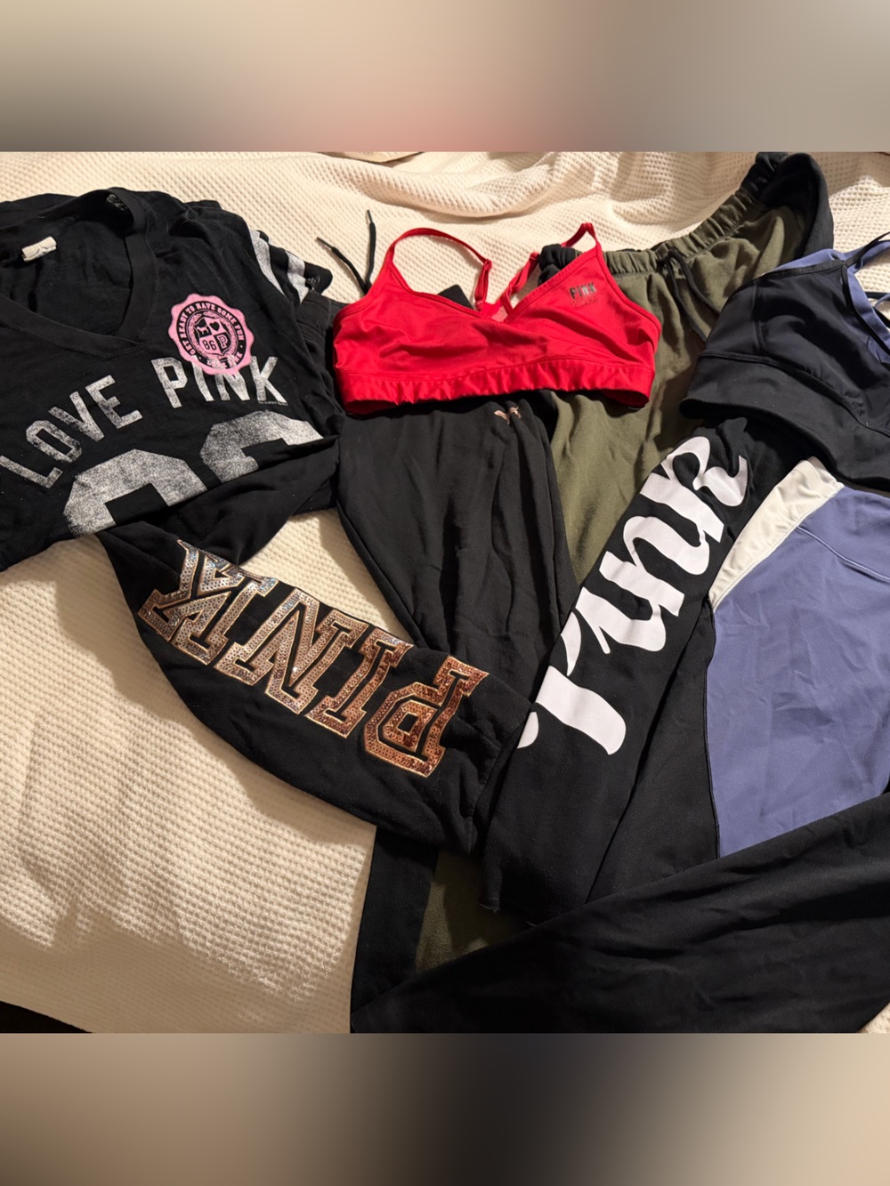 Victoria Secret 6 piece lot workout jogging pants and sports bras with 86 tshirt